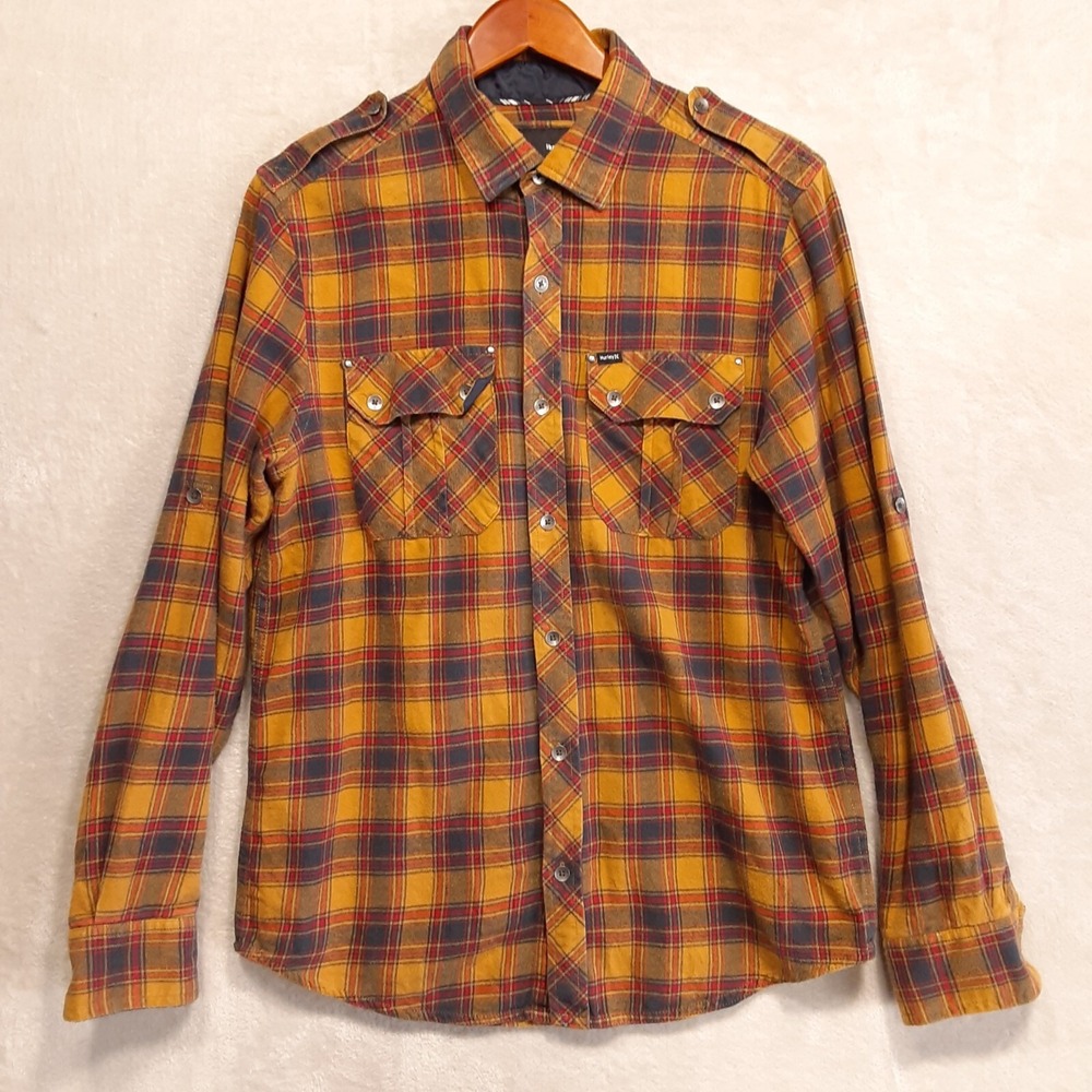 Hurley Mens LS Lightweight Flannel Shirt Sz.M/Yellow-Blue Plaid/Roll Tab Sleeve
